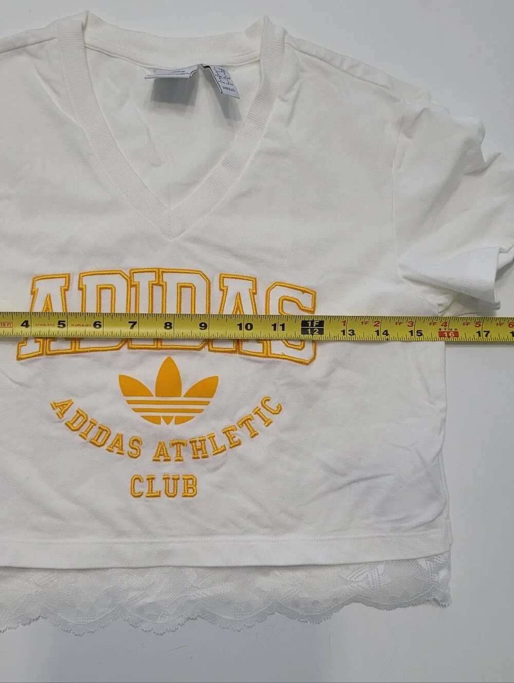 adidas White & Yellow Lace Hem Women V-Neck Logo Tee Size S - Picture 11 of 16
